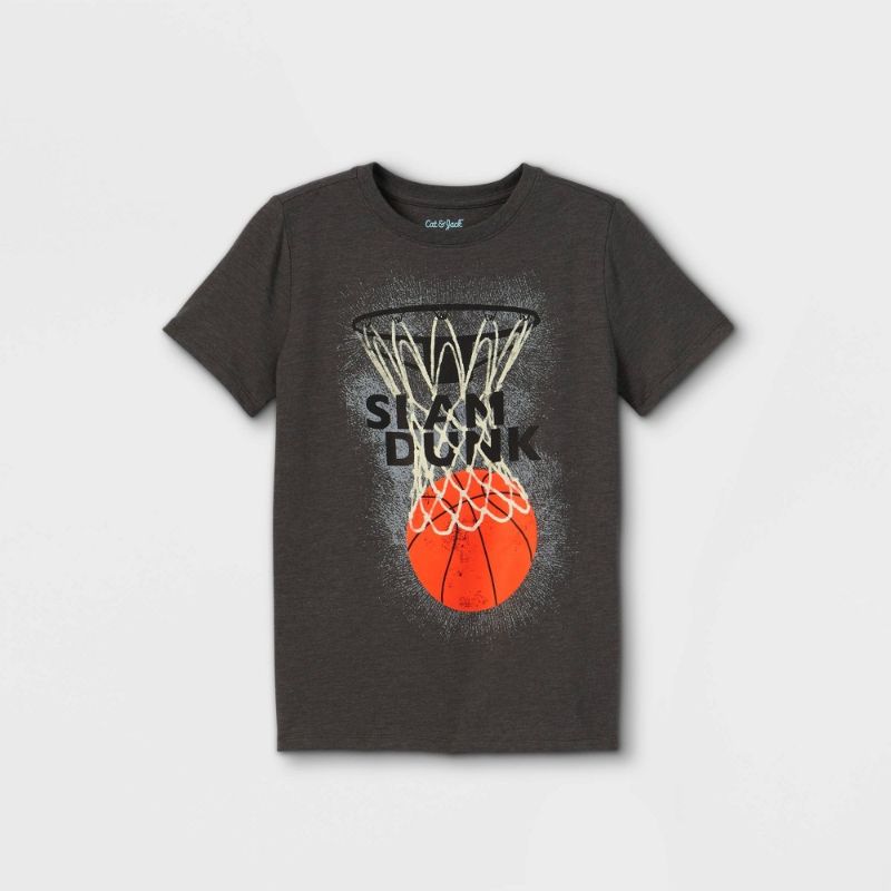 Photo 1 of Boys' 'Slam Dunk' Short Sleeve Graphic T-Shirt - Cat & Jack Charcoal Heather XS, Grey/Grey 2 Count 
