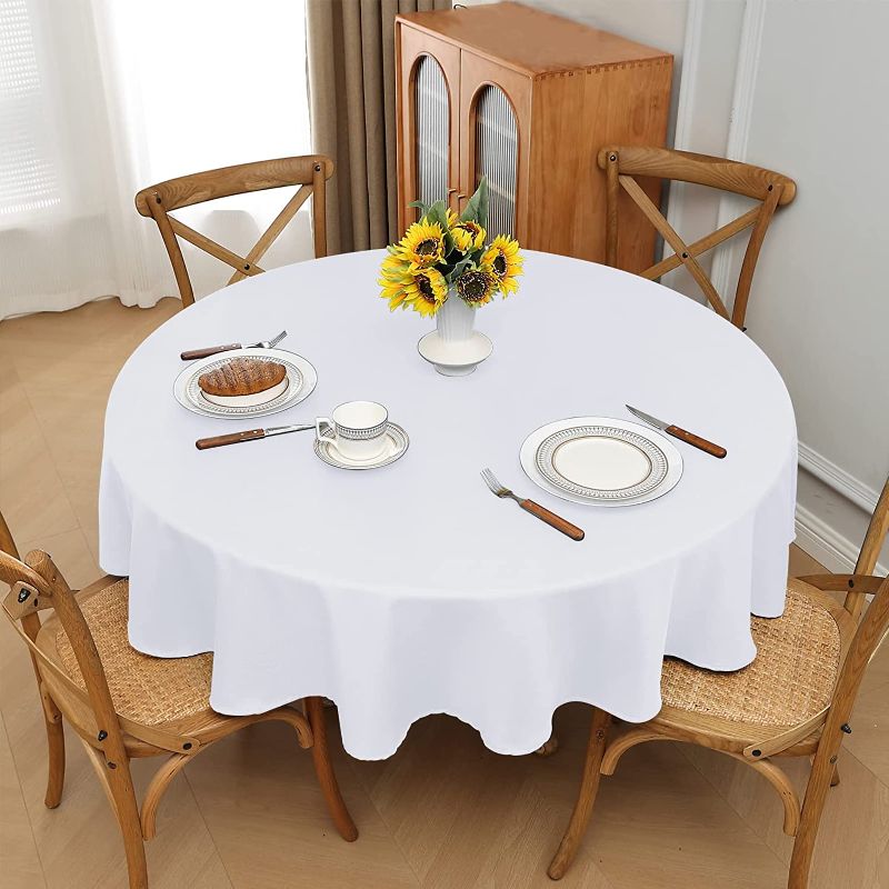 Photo 1 of AZON Round Washable Polyester Tablecloth,60x60 Inch,Great for Tables,Parties,Holiday Dinner,Wedding and Banquet,White
