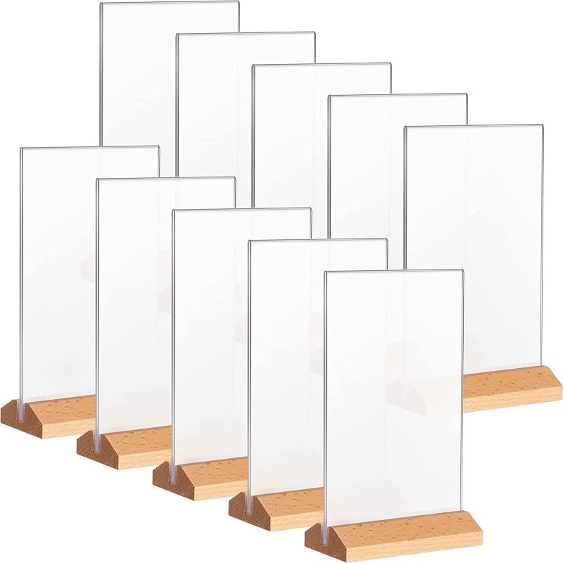 Photo 1 of 10 Pieces Display Stand Clear Plastic Sign Holder Double Sided Plastic Paper Holder Portrait Style Clear Acrylic Frames Acrylic Frame Holder Wood Base Vertical Back for Restaurants (Triangle Style), FACTORY SEALED 
