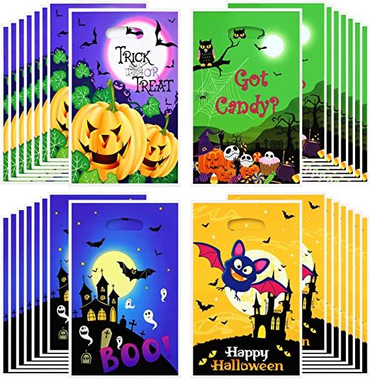 Photo 1 of 100 Pieces Halloween Plastic Bags Candy Bags Trick or Treat Bags Jack O Lantern Pumpkin Treat Bags Goody Bags Party Favor Bags with Pumpkin Ghost Designs for Halloween Party Favor