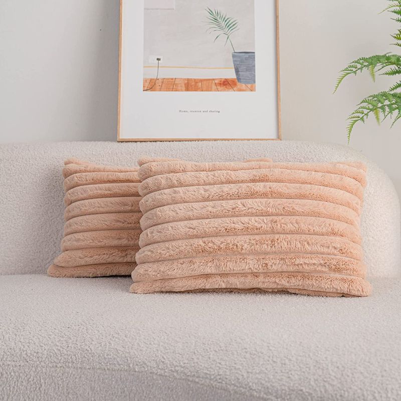 Photo 1 of  Pack of 2 Faux Fur Plush Decorative Throw Pillow Covers Fuzzy Striped Soft Pillowcase Cushion Covers for Sofa Couch Bedroom 12x20 inch