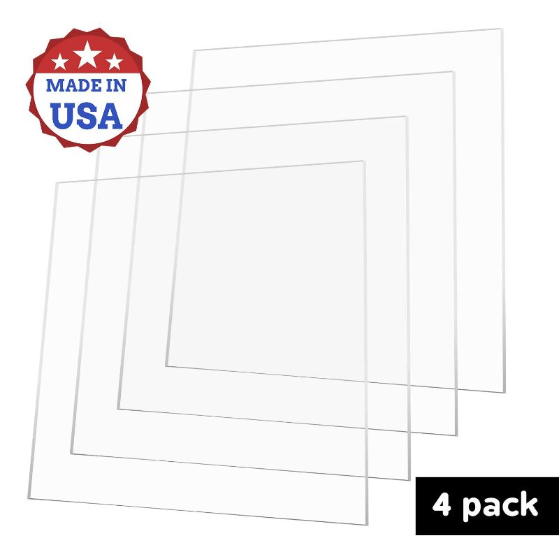 Photo 1 of 4 Pack 12" x 12" x .12" Clear Acrylic Sheet with Blue Protective Peel-Off Covering, Plexiglass Sheets, Highly Versatile, Light Weight and High Impact Strength, Acrylic Glass, Made in USA
