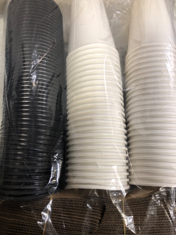 Photo 2 of [50 Pack] 12 oz Hot Beverage Disposable White Paper Coffee Cup with Black Dome Lid and Kraft Sleeve Combo, Small Tall