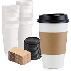 Photo 1 of [50 Pack] 12 oz Hot Beverage Disposable White Paper Coffee Cup with Black Dome Lid and Kraft Sleeve Combo, Small Tall