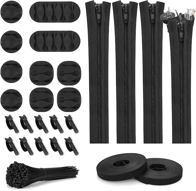 Photo 1 of 100pcs Cord Management Organizer Kit 4 Cable Sleeve with Zipper,10 Self Adhesive Cable Clip Holder,10pcs and 2 Roll Self Adhesive tie and 100 Fastening Cable Ties for TV Office Home etc (Black)
