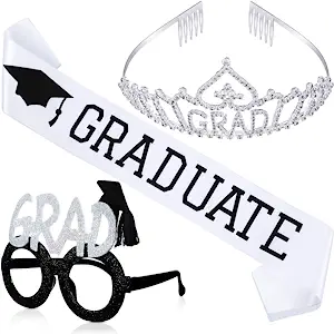 Photo 1 of  Graduation Party Supplies, Silver Graduation Crown Tiara, Satin Graduate Sash and Glitter Grad Glasses Set for 2022 Grad Party Decorations Graduation Party Favor Supplies
