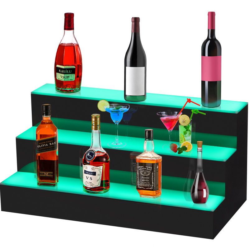 Photo 1 of VEVOR LED Lighted Liquor Bottle Display Shelf, 24-inch LED Bar Shelves for Liquor, 3-Step Lighted Liquor Bottle Shelf for Home/Commercial Bar, Acrylic Lighted Bottle Display with Remote & App Control
