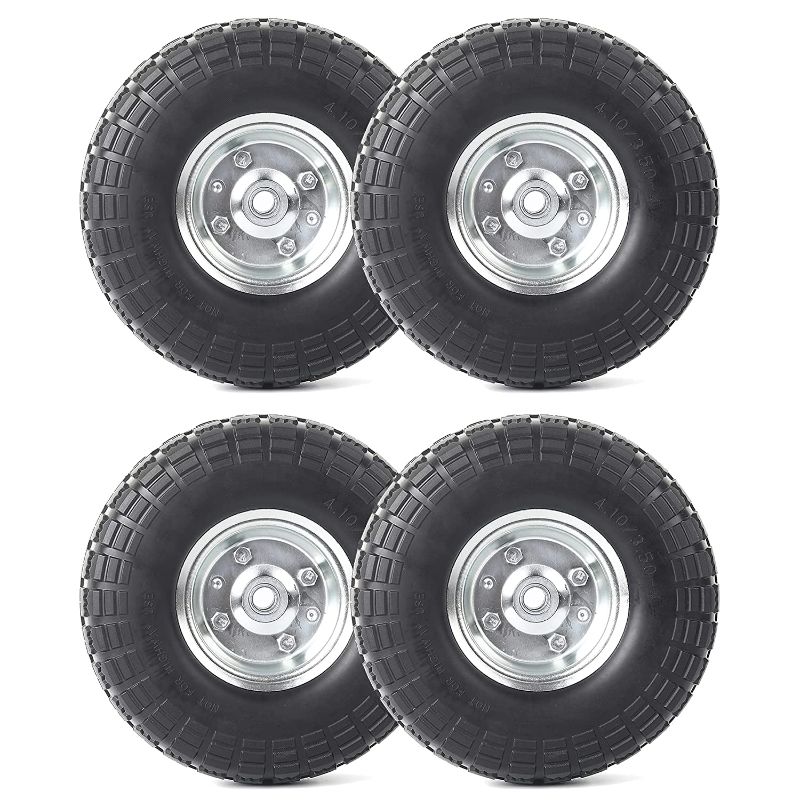 Photo 1 of (4-Pack) AR-PRO 10-Inch Solid Rubber Tires and Wheels - Replacement 4.10/3.50-4” Tires and Wheels with 5/8” Axle Bore Hole, 2.2” Offset Hub, and Double Sealed Bearings - Perfect for Gorilla Carts
