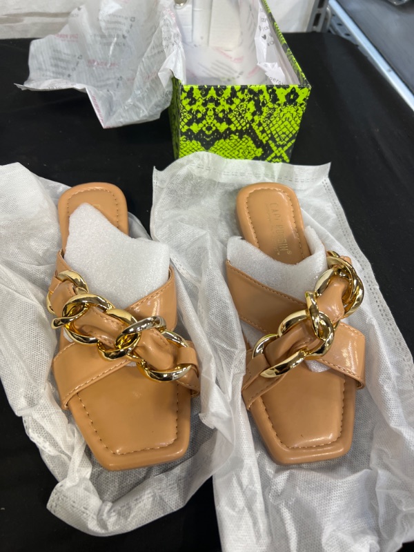 Photo 1 of WOMENS TAN AND GOLD LINK DETAIL SANDALS, SIZE 6 