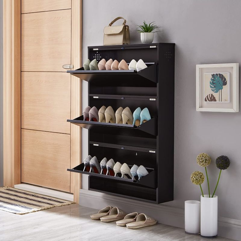 Photo 1 of 3 Drawer Shoe Storage Cabinet - SPACEROCK Wall Mounted & No-Assembly 25“ Metal Shoe Cabinet for Entryway, Hallway, and Corridor, Holds 12 Pair Shoes, Black
