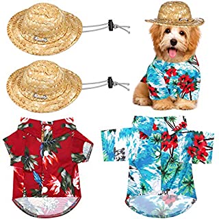 Photo 1 of 4 Pieces Pet Summer Shirt with Straw Hat Hawaiian Dog T-Shirt Pet Summer Beach Vest Short Sleeve Summer Camp Clothes for Small Dogs Breeds Cats