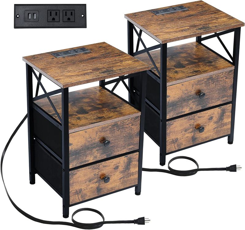 Photo 1 of AMHANCIBLE End Table with Charging Station, Nightstand Set of 2 with Fabric Drawer, Small Side Table Living Room with USB Ports and Outlets for Small Spaces Bedroom Rustic Brown and Black 