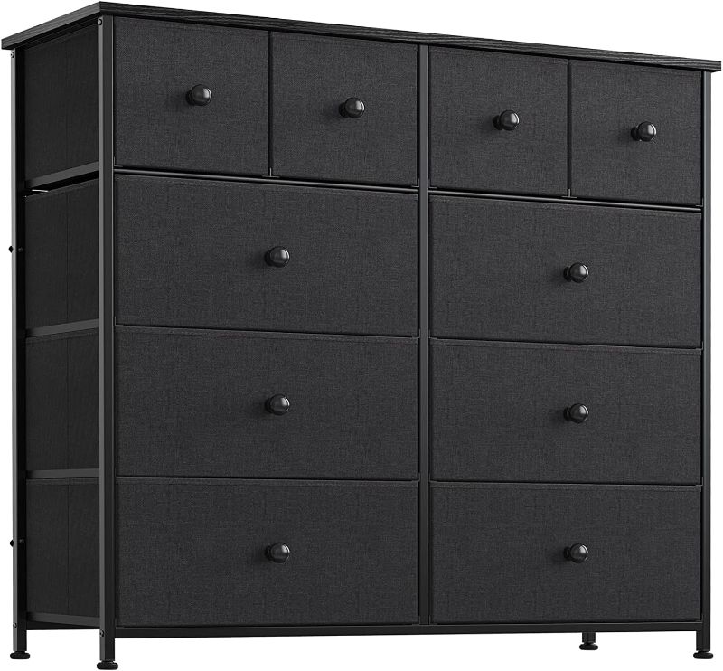 Photo 1 of  10 Drawer Dresser for Bedroom Fabric Storage Tower Wide Black Dresser with Wood Top Sturdy Steel Frame Storage Organizer Unit for Living Room Hallway Entryway Closets Nursery