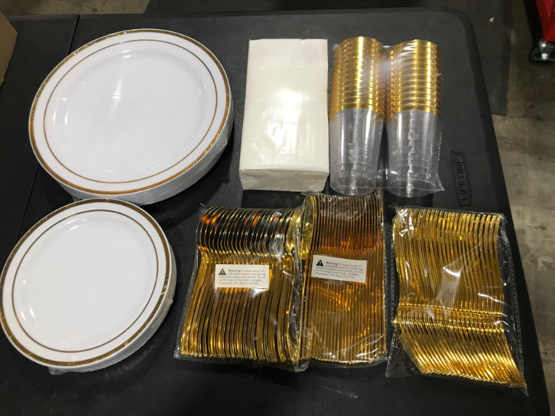 Photo 1 of 175CT GOLD PLASTIC PLATES ..SILVERWARES ,CUPS ,NAPKINS 25CT