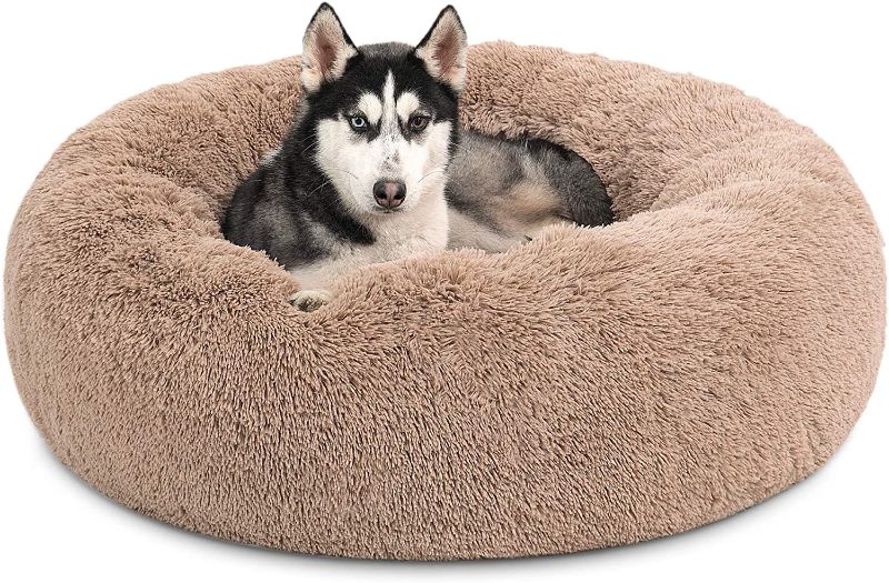 Photo 1 of Bedsure Calming Dog Bed for Large Dogs - Donut Washable Large Pet Bed, 36 inches Anti Anxiety Round Fluffy Plush Faux Fur Cat Bed, Fits up to 100 lbs Pets, Camel