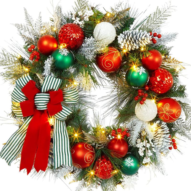 Photo 1 of Adeeing 30 Inch Artificial Christmas Wreath with LED Lights, Green Xmas Garland Full of Christmas Ball, Snowflakes, Red Berries, Pine Cones for Front Door, Indoor and Outdoor Holiday Decorations