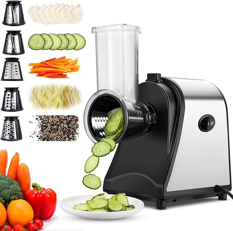 Photo 1 of 250W Electric Cheese Grater, 5 In 1 Professional Electric Slicer/Shredder for Veggies, Salad Maker, Shredded Carrot, Zucchini, Upgraded Version
	10.12 x 9.8 x 9.69 inches