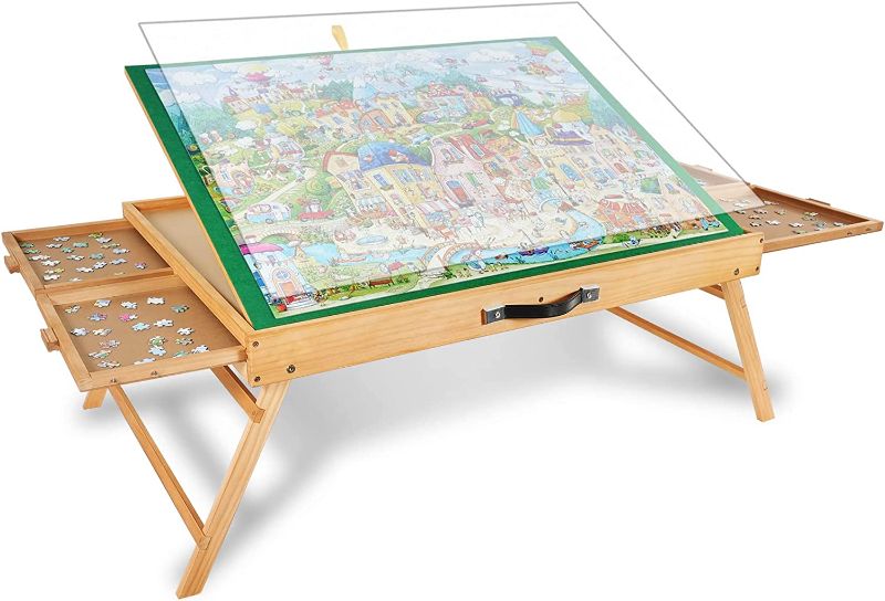 Photo 1 of ALL4JIG 1500PCS Portable Puzzle Table with Legs, Adjustable Jigsaw Puzzle Board with 4 Drawers & Cover, 3-Tilting-Angle Jigsaw Puzzle Table for Adults https://a.co/d/jjGYPwW