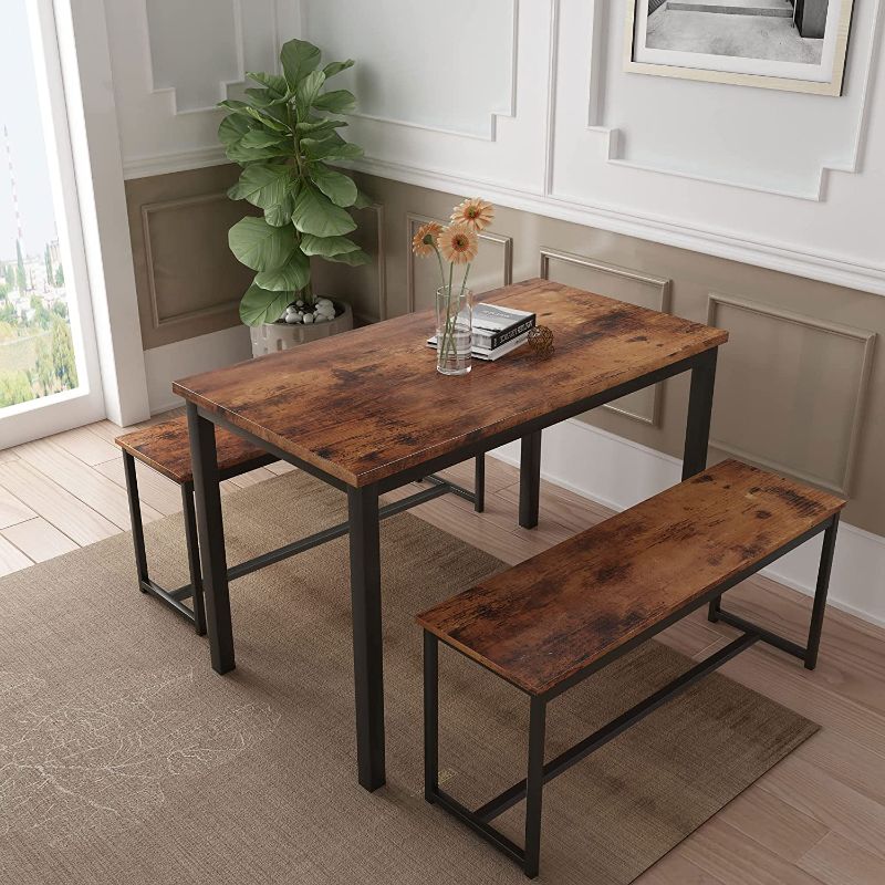 Photo 1 of AWQM Dining Room Table Set, Kitchen Table Set with 2 Benches, Ideal for Home, Kitchen and Dining Room, Breakfast Table of 47.2x28.7x28.7 inches, Benches of 40.5x11.0x17.7 inches, Rustic Brown
