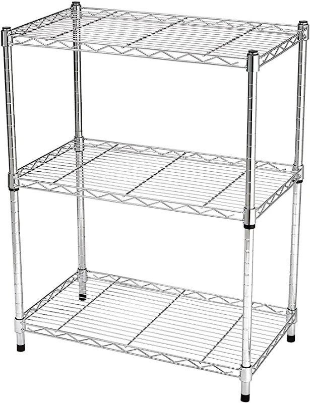 Photo 1 of Amazon Basics 3-Shelf Adjustable, Heavy Duty Storage Shelving Unit (250 lbs loading capacity per shelf), Steel line Organizer Wire Rack, Chrome (23.3L x 13.4W x 30H)
