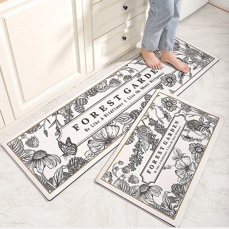 Photo 1 of 2 PCS Kitchen Rugs Anti Fatigue 2 Piece Set Farmhouse flower Kitchen Mat,Non Slip Memory Foam Runner Rugs,Waterproof,Ergonomic Comfort Standing Floor Mat for Kitchen,Floor,Laundry Room,17"x29"+17"x59"