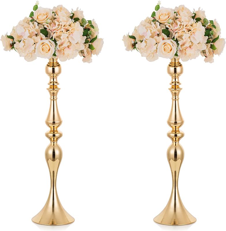 Photo 1 of 2 Pcs Versatile Wedding Metal Flower Arrangement Rack, Candle Holder Stand Set Candlelabra for Wedding Party Dinner Centerpiece Event Restaurant Hotel Decoration (Gold, 27.6" H)
