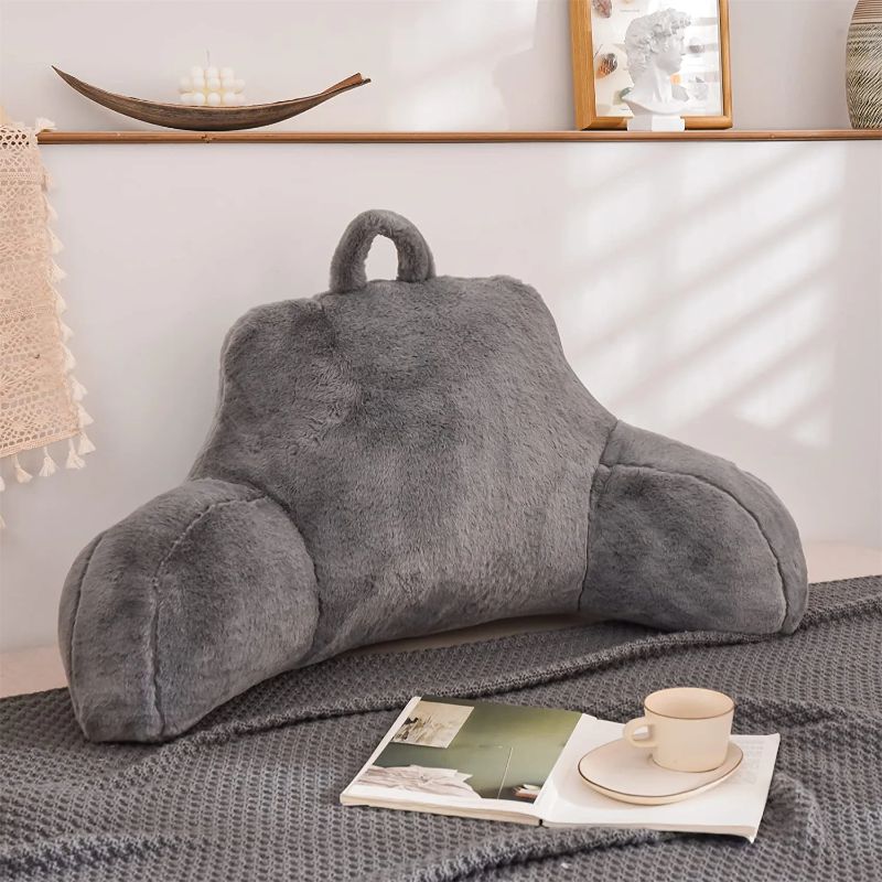 Photo 1 of Aimuan Reading Pillow Bed Rest Pillow with Arms Rabbit Fur Cushion for Adults Teens Incline Rest Sitting up & Sleeping Snoring Pillow with Pregnancy Lumbar Back Support (Standard, Grey)
