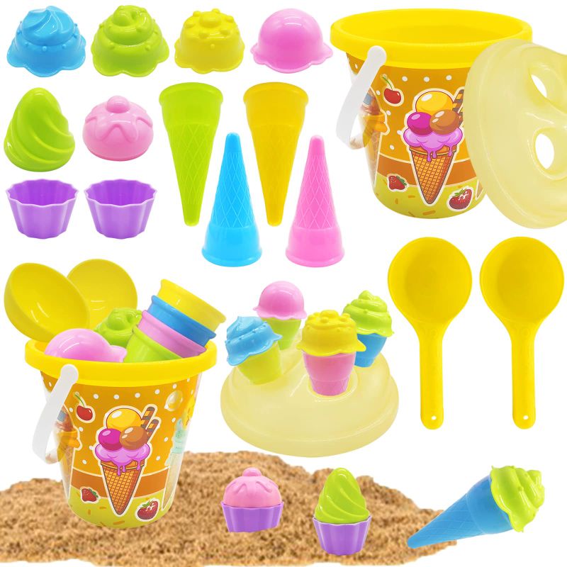 Photo 1 of Dshengoo 15 Pcs Kids Beach Toys Set,Ice Cream Mold Set with Bucket Pail and Spade Scoop for Kids & Toddlers,Boys and Girls Gifts Style B