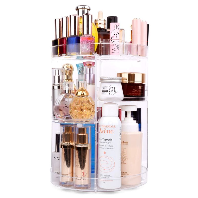 Photo 1 of 360 Degree Spinning Makeup Organizer, sanipoe Adjustable Makeup Carousel Round Rotating Storage Stand Rack, Large Capacity Ondisplay Shelf Cosmetics Organizer, Great for Countertop and Bathroom, Clear
