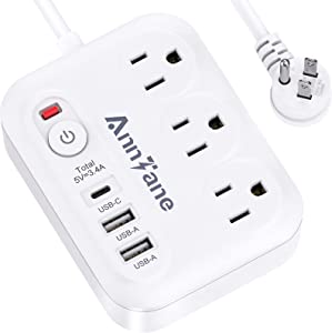 Photo 1 of Power Strip Surge Protector with USB-C (3.0A), 5 ft Flat Extension Cord, Power Strip with 3 Outlets 3 USB Ports (5V/3.4A) , Desktop Charging Station, Compact for Home,Travel,Office(White 1 Pack)
