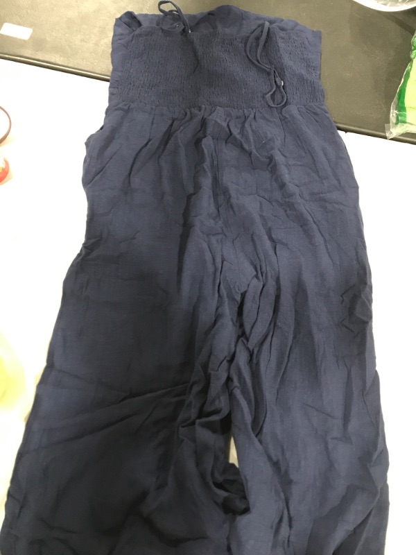 Photo 1 of ANRABESS Women's Summer Straps One Shoulder Pleated High Waist Casual Wide Leg Jumpsuit Romper with Pockets Navy Blue Large