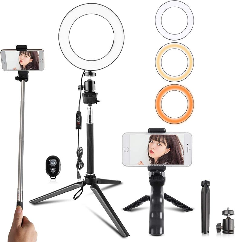 Photo 1 of Travor 6-inch Dimmable LED Selfie Ring Light with Adjustable Stand with Remote Control, 3 Modes and 11-Level Brightness for YouTube Makeup Photography Shooting
