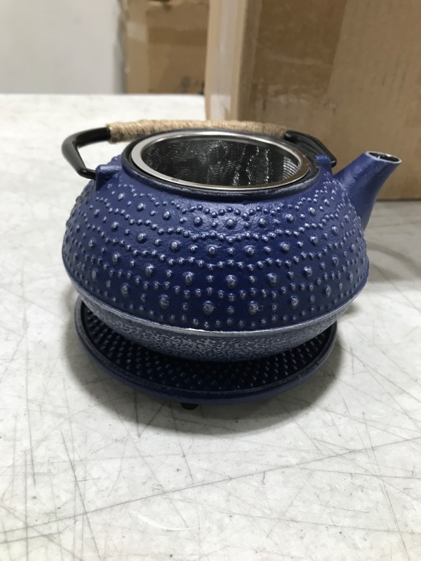 Photo 2 of 3 Piece Set Blue Japanese Cast Iron Teapot, Loose Leaf Tetsubin with Infuser and Trivet (27 oz)