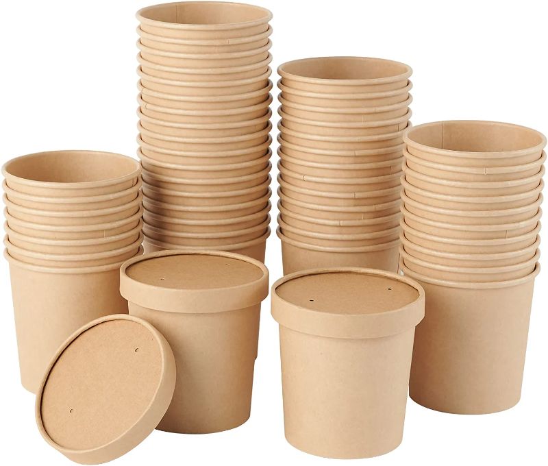 Photo 1 of 50pack 8oz Paper Soup Containers with Lids, Disposable Kraft Paper Food Cups, Ice Cream Cups, Paper food Storage with Lids, Microwavable and freezer safe, Suitable for Christmas Thanksgiving (Brown) 