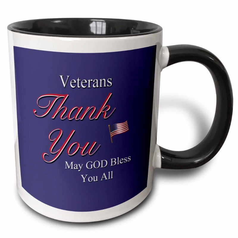 Photo 1 of 3dRose Thank You Veterans, May God Bless you all. Text art with USA flag in red, white and blue. - Two Tone Black Mug, 11-ounce