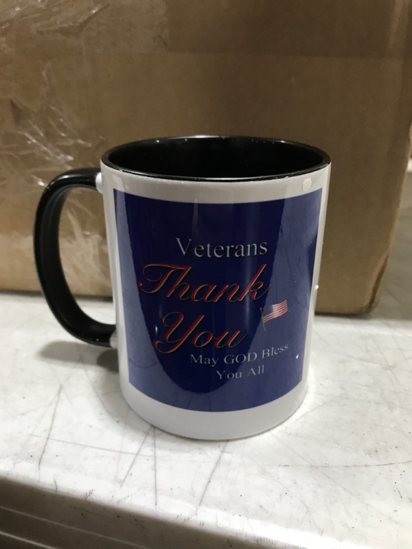 Photo 2 of 3dRose Thank You Veterans, May God Bless you all. Text art with USA flag in red, white and blue. - Two Tone Black Mug, 11-ounce