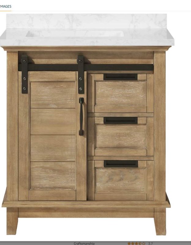 Photo 1 of 
Ove Decors 30 in. Single Undermount Sink Bathroom Barn Door Vanity with Cloudy Cultured Marble Countertop, 30 inches, Rustic Almond