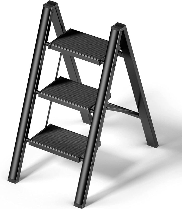 Photo 1 of 3 Step Ladder, Ladnamy Folding Step Stool with Wide Anti-Slip Pedal, Aluminum Lightweight Portable Step Stools for Adults, 330 IBS Capacity Multi-Use Ladder for Home and Kitchen, Black
