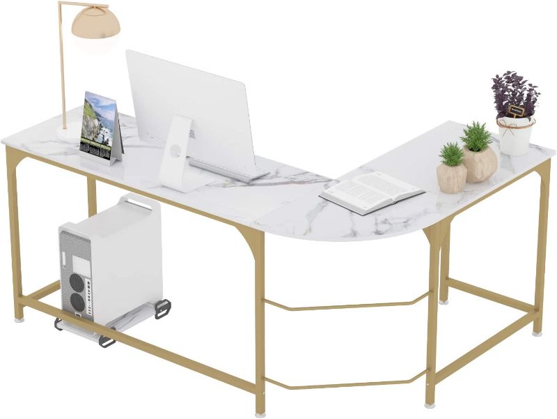 Photo 1 of Teraves Reversible L-Shaped Desk Corner Gaming Computer Desk Office Workstation Modern Home Study Writing Wooden Table (Large, White Marbling+ Gold Frame)

