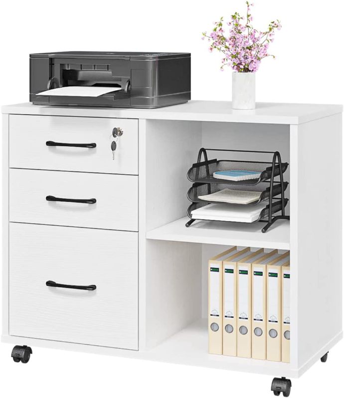 Photo 1 of 3 Drawer Office File Cabinets, Mobile Lateral Printer Stand with Open Storage Shelf, Rolling Filing Cabinet with Wheels Home Office Organization and Storage (White)
