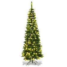 Photo 1 of 7 Feet Prelit Pencil Christmas Tree Decoration 200 LED 8 Modes Adapter Powered Warm Lights 800 Branch Tips Metal Stand Hinged Artificial Slim Xmas Tree Indoor Outdoor Home Decor Holiday (White) 7 feet White