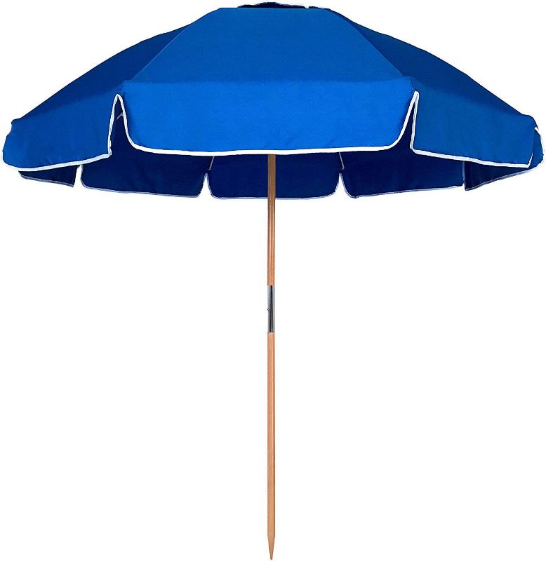 Photo 1 of AMMSUN 7.5ft Heavy Duty HIGH Wind Beach Umbrella Commercial Grade Patio Beach Umbrella frames with Air Vent Ash Wood Pole & Carry Bag UV 50+ Protection Blue
