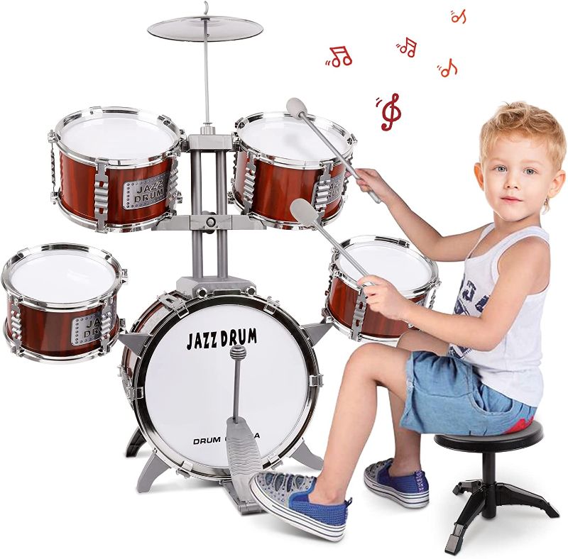 Photo 1 of Drum Set for Kids Musical Instruments Kids Drum Set with Stool, Cymbal, Drum Sticks, 4 Snare Drums and 1 Bass Drum Jazz Drum Kit Toys for 3 4 5 6 Year Old Boys Girls Gifts
