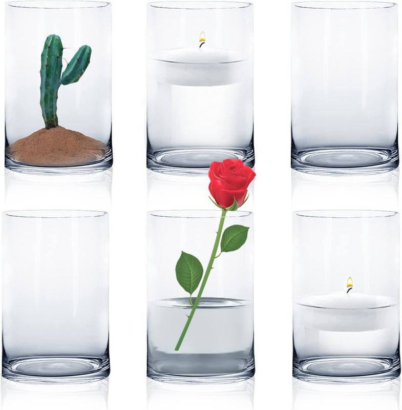 Photo 1 of 6 Inches Tall (15 cm) Clear Glass Cylinder vases,Pack of 6 Centerpiece Flower Vase,Floating Candle Holder for Home & Garden Decor, Wedding, Party.
