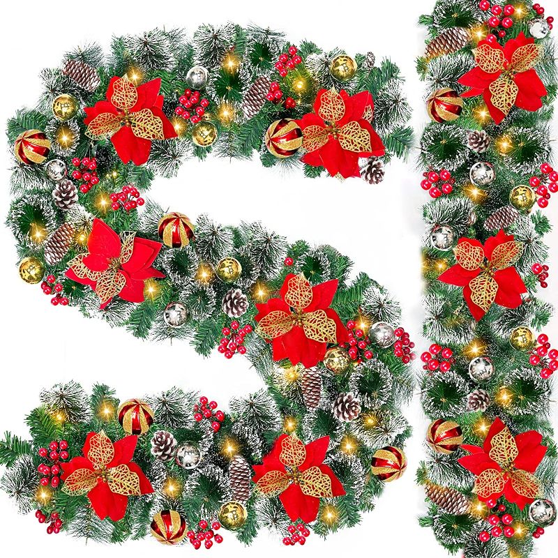 Photo 1 of [2 Pack + 8 Mode + Timer] 9 Ft 100 LED Prelit Christmas Garland Lights Decoration 6 Poinsettia 18 Ball 300 Branches Snowy Bristle Pine 18 Pinecones 198 Red Berry Battery Operated Home Indoor Mantle
