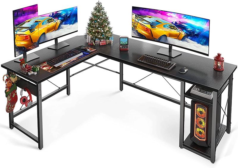 Photo 1 of Coleshome L Shaped Computer Desk 66" with Storage Shelves, Corner Gaming Desk, Sturdy Writing Desk Workstation, Modern Wooden Desk Office Desk, Wood & Metal, Black
