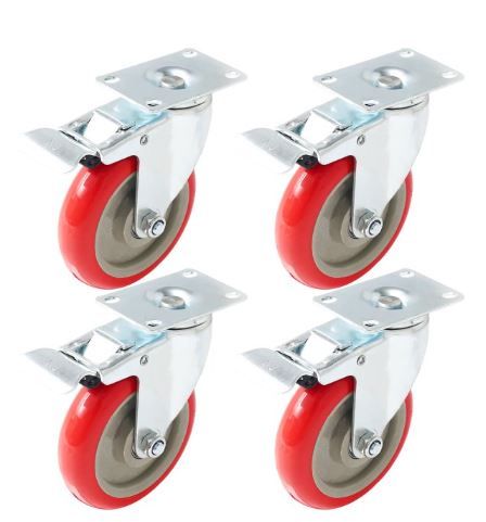 Photo 1 of 4 Pack 5 Inch Caster Wheels Swivel Plate with Brake on Red Polyurethane Wheels
