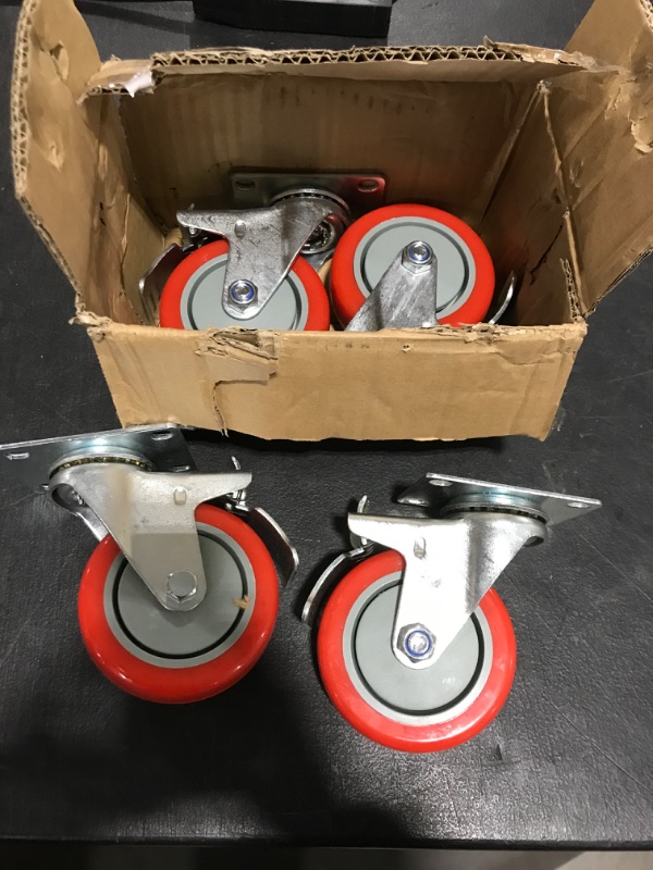 Photo 2 of 4 Pack 5 Inch Caster Wheels Swivel Plate with Brake on Red Polyurethane Wheels
