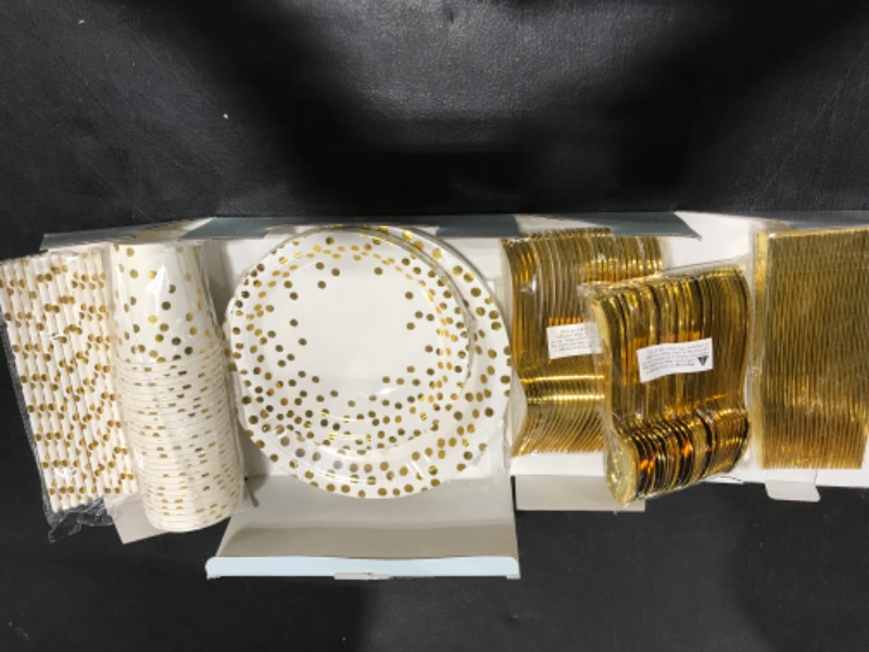 Photo 2 of 200 Pieces Gold Dot Party Supplies - Gold Dot on White Paper Plates and Napkins Cups Silverware Serves 25 Sets for Wedding Bridal Shower Baby Shower Holiday Parties 