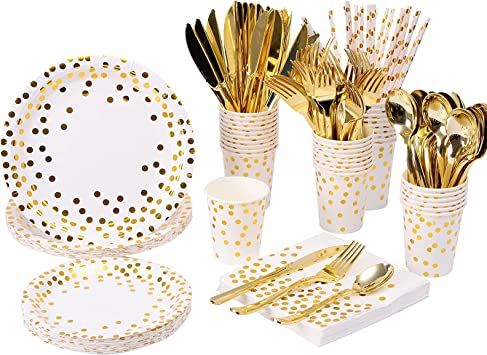 Photo 1 of 200 Pieces Gold Dot Party Supplies - Gold Dot on White Paper Plates and Napkins Cups Silverware Serves 25 Sets for Wedding Bridal Shower Baby Shower Holiday Parties 